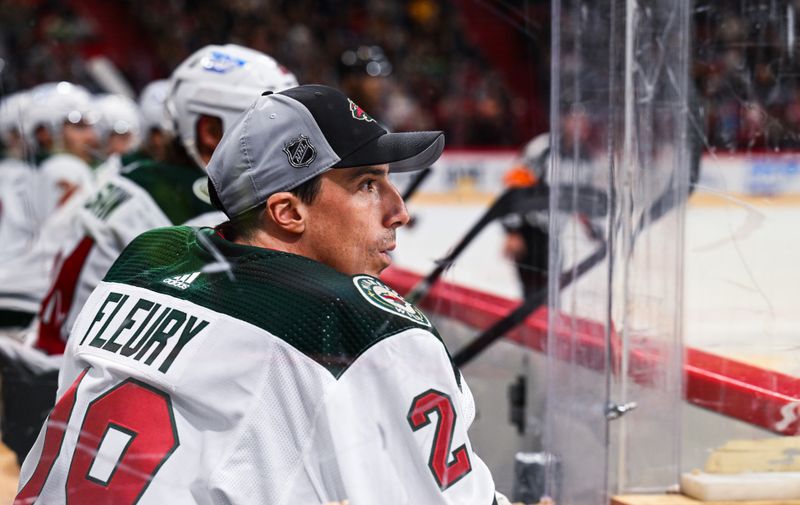 Nov 18, 2023; Stockholm, SWE; Minnesota Wild goaltender Marc-Andre Fleury (29) on the bench during a Global Series NHL hockey game against the Ottawa Senators at Avicii Arena. Mandatory Credit: Per Haljestam-USA TODAY Sports