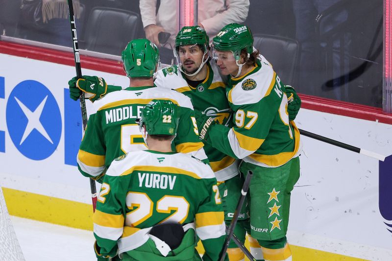 Nov 29, 2025; Saint Paul, Minnesota, USA; Minnesota Wild left wing Kirill Kaprizov (97) celebrates his goal against the Buffalo Sabres during the first period at Grand Casino Arena. Mandatory Credit: Matt Krohn-Imagn Images