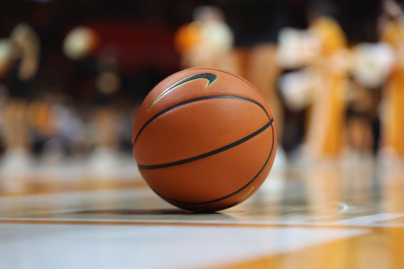 Dec 16, 2025; Knoxville, Tennessee, USA;  A ball rests on the court during the second half of the game between the Tennessee Volunteers and the Louisville Cardinals at Thompson-Boling Arena at Food City Center. Mandatory Credit: Randy Sartin-Imagn Images