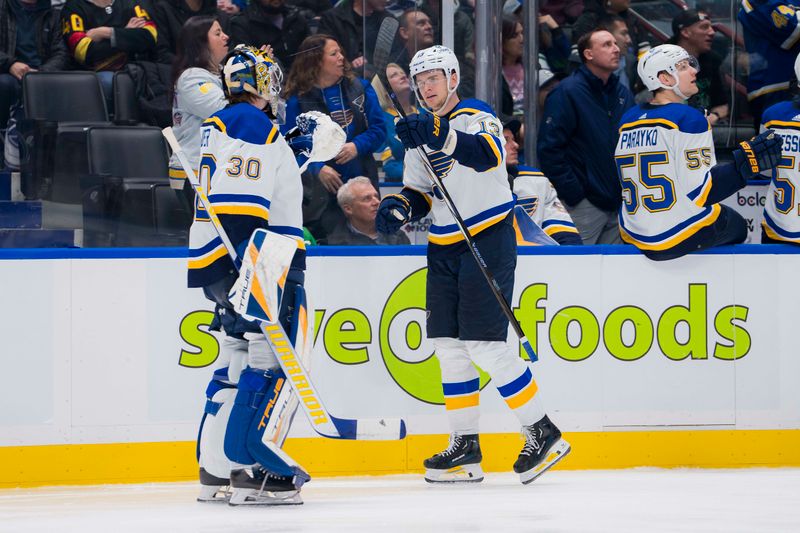 Jan 24, 2024; Vancouver, British Columbia, CAN; St. Louis Blues goalie Joel Hofer (30) and forward Alexey Toropchenko (13) celebrate Toropchenko   s goal against the Vancouver Canucks in the third period at Rogers Arena. Blues 4-3 in overtime. Mandatory Credit: Bob Frid-USA TODAY Sports