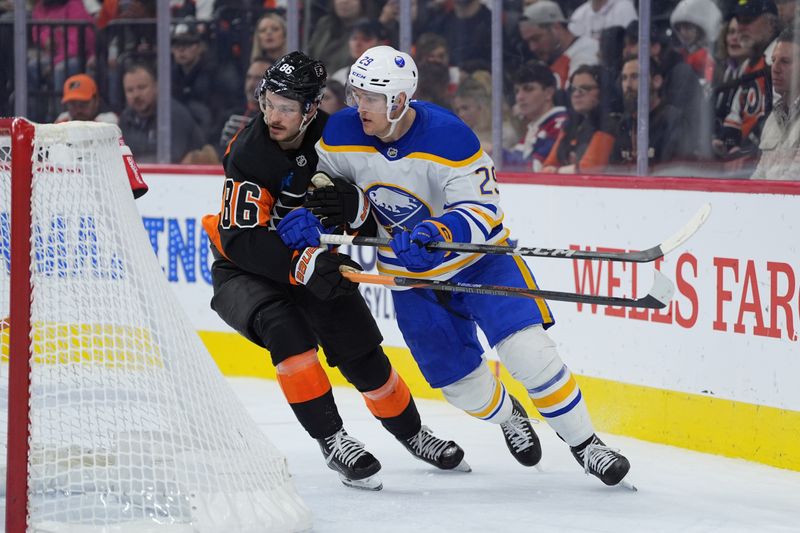 Nov 16, 2024; Philadelphia, Pennsylvania, USA; Buffalo Sabres left wing Beck Malenstyn (29) skates against Philadelphia Flyers left wing Joel Farabee (86) in the second period at Wells Fargo Center. Mandatory Credit: Kyle Ross-Imagn Images