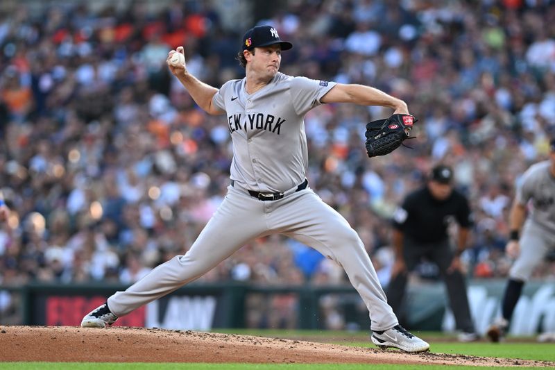 Aug 16, 2024; Detroit, Michigan, USA;  New York Yankees starting pitcher Gerrit Cole (45) throws a pitch against the Detroit Tigers in the second inning at Comerica Park. Mandatory Credit: Lon Horwedel-USA TODAY Sports