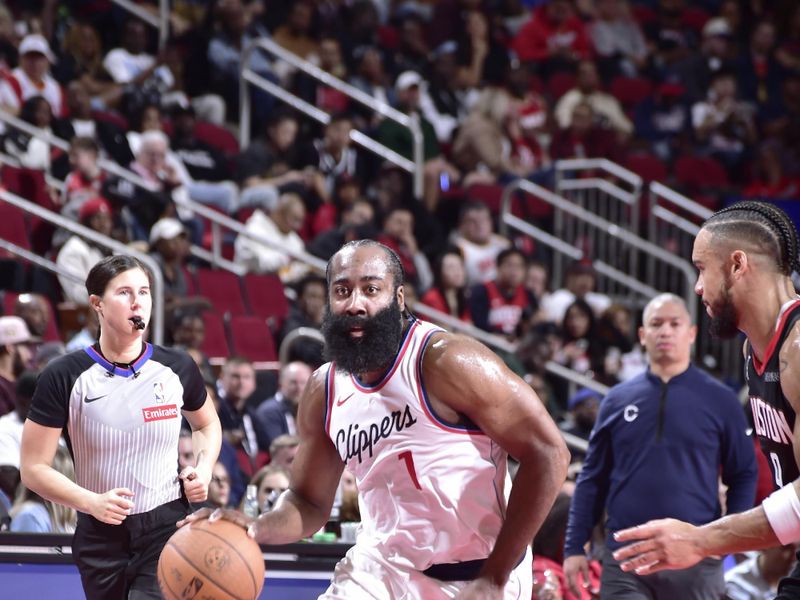 HOUSTON, TX - NOVEMBER 15: James Harden #1 of the LA Clippers dribbles the ball during the game against the Houston Rockets during the Emirates NBA Cup game on November 15, 2024 at the Toyota Center in Houston, Texas. NOTE TO USER: User expressly acknowledges and agrees that, by downloading and or using this photograph, User is consenting to the terms and conditions of the Getty Images License Agreement. Mandatory Copyright Notice: Copyright 2024 NBAE (Photo by Logan Riely/NBAE via Getty Images)