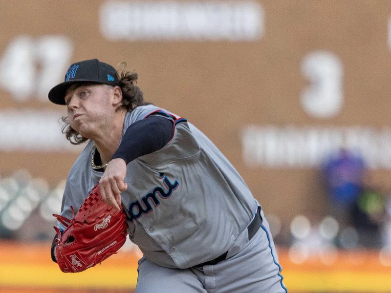 May 14, 2024; Detroit, Michigan, USA; Miami Marlins starting pitcher Ryan Weathers (60) delivers in the first inning against the Detroit Tigers at Comerica Park. Mandatory Credit: David Reginek-USA TODAY Sports