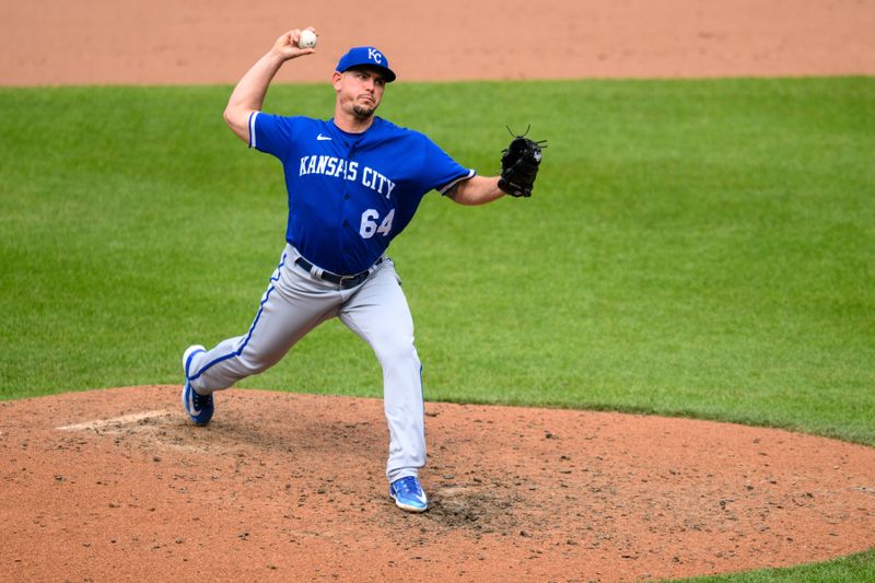 Jun 11, 2023; Baltimore, Maryland, USA; Kansas City Royals relief pitcher Nick Wittgren (64) throws a pitch during the eighth inning against the Baltimore Orioles at Oriole Park at Camden Yards. Mandatory Credit: Reggie Hildred-USA TODAY Sports