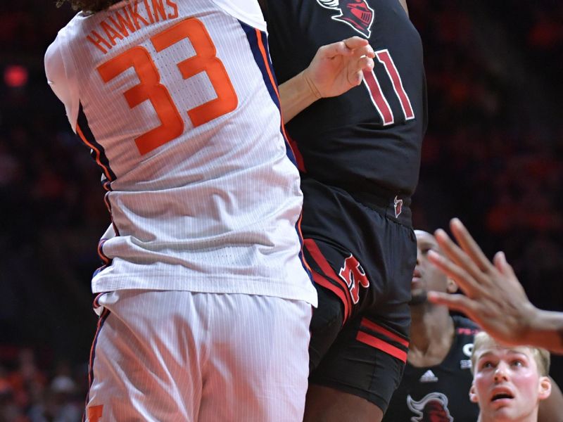 Jan 21, 2024; Champaign, Illinois, USA; Rutgers Scarlet Knights center Clifford Omoruyi (11) drives to the basket as Illinois Fighting Illini forward Coleman Hawkins (33) defends during the second half at State Farm Center. Mandatory Credit: Ron Johnson-USA TODAY Sports