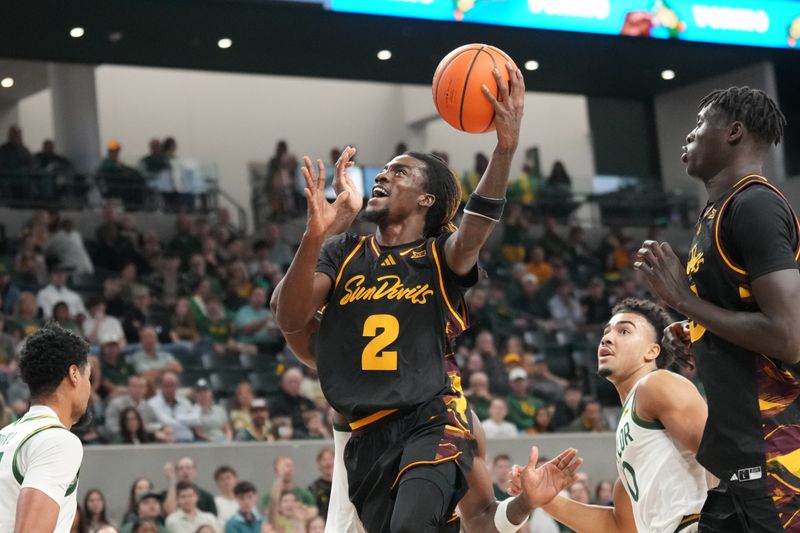 Feb 21, 2026; Waco, Texas, USA; Arizona State Sun Devils guard Anthony Johnson (2) scores a basket against the Baylor Bears during the first half at Paul and Alejandra Foster Pavilion. Mandatory Credit: Chris Jones-Imagn Images