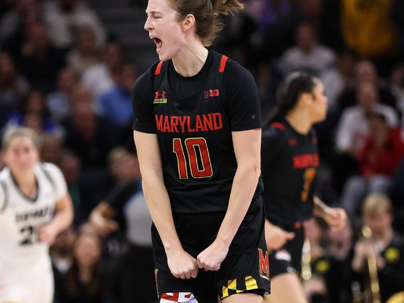 Mar 4, 2023; Minneapolis, MINN, USA; Maryland Terrapins guard Abby Meyers (10) reacts to her shot against the Iowa Hawkeyes during the first half at Target Center. Mandatory Credit: Matt Krohn-USA TODAY Sports