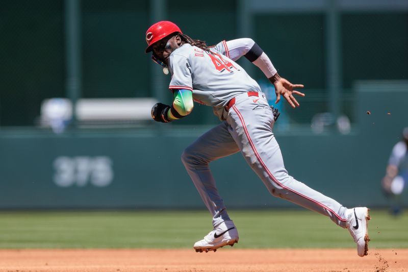 Jun 5, 2024; Denver, Colorado, USA; Cincinnati Reds shortstop Elly De La Cruz (44) runs to second during the first inning against the Colorado Rockies at Coors Field. Mandatory Credit: Andrew Wevers-USA TODAY Sports