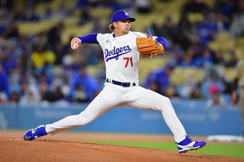Apr 13, 2024; Los Angeles, California, USA; Los Angeles Dodgers pitcher Gavin Stone (71) throws against the San Diego Padres during the first inning at Dodger Stadium. Mandatory Credit: Gary A. Vasquez-USA TODAY Sports