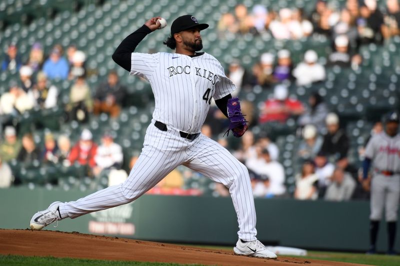 Apr 29, 2025; Denver, Colorado, USA; Colorado Rockies pitcher German Marquez (48) throws during the first inning against the Atlanta Braves at Coors Field. Mandatory Credit: Christopher Hanewinckel-Imagn Images