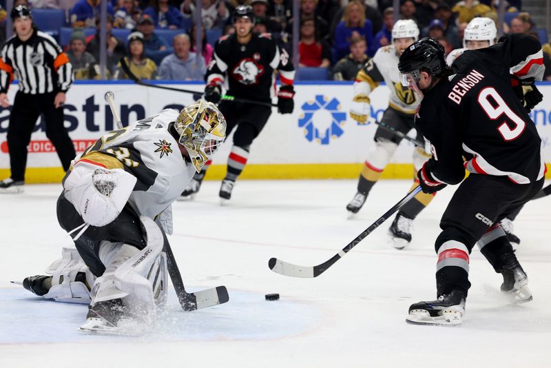 Mar 2, 2024; Buffalo, New York, USA;  Vegas Golden Knights goaltender Logan Thompson (36) looks to make a save on Buffalo Sabres left wing Zach Benson (9) during the second period at KeyBank Center. Mandatory Credit: Timothy T. Ludwig-USA TODAY Sports