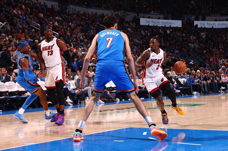 OKLAHOMA CITY, OK - MARCH 8:  Terry Rozier #2 of the Miami Heat handles the ball during the game against the Oklahoma City Thunder on March 8, 2024 at Paycom Arena in Oklahoma City, Oklahoma. NOTE TO USER: User expressly acknowledges and agrees that, by downloading and or using this photograph, User is consenting to the terms and conditions of the Getty Images License Agreement. Mandatory Copyright Notice: Copyright 2024 NBAE (Photo by Zach Beeker/NBAE via Getty Images)