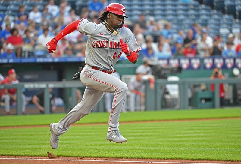 Jun 14, 2023; Kansas City, Missouri, USA;  Cincinnati Reds shortstop Elly De La Cruz (44) runs to first base in the second inning against the Kansas City Royals at Kauffman Stadium. Mandatory Credit: Peter Aiken-USA TODAY Sports