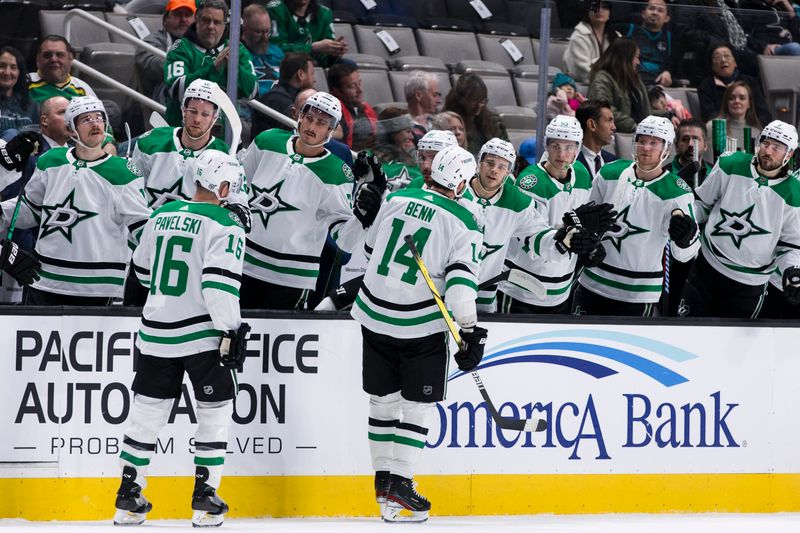 Mar 5, 2024; San Jose, California, USA; Dallas Stars left wing Jamie Benn (14) celebrates with teammates after scoring the San Jose Sharks during the first period at SAP Center at San Jose. Mandatory Credit: John Hefti-USA TODAY Sports