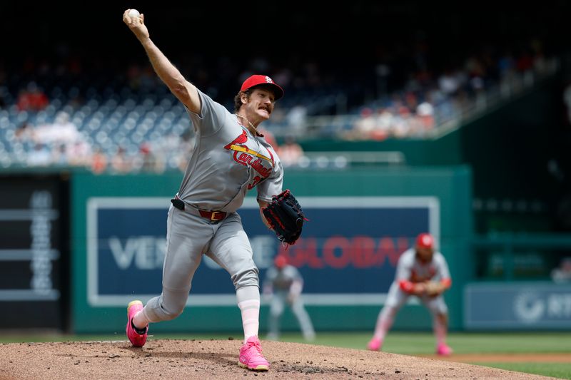 May 11, 2025; Washington, District of Columbia, USA; St. Louis Cardinals pitcher Miles Mikolas (39) pitches against the Washington Nationals during the first inning at Nationals Park. Mandatory Credit: Geoff Burke-Imagn Images