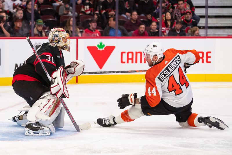 Oct 14, 2023; Ottawa, Ontario, CAN; Ottawa Senators goalie Anton Forsberg (31) blocks a shot from Philadelphia Flyers left wing Nicholas Deslauriers (44) in the second period at the Canadian Tire Centre. Mandatory Credit: Marc DesRosiers-USA TODAY Sports