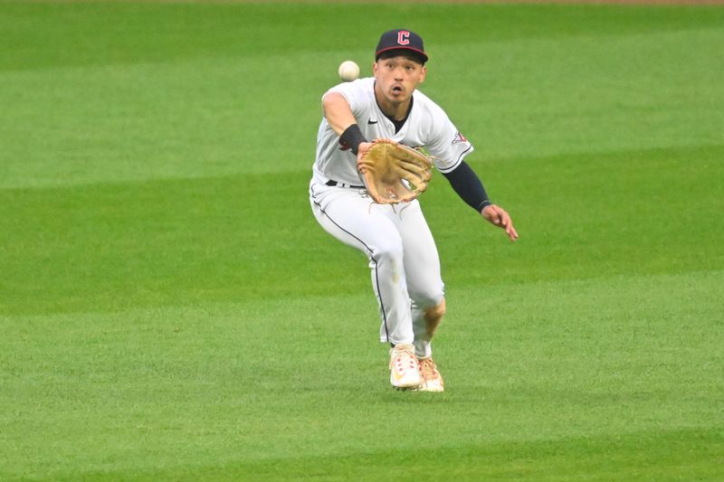 Jun 8, 2023; Cleveland, Ohio, USA; Cleveland Guardians left fielder Steven Kwan (38) makes a catch in the third inning against the Boston Red Sox at Progressive Field. Mandatory Credit: David Richard-USA TODAY Sports