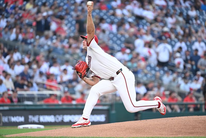 Aug 26, 2024; Washington, District of Columbia, USA; Washington Nationals starting pitcher Mitchell Parker (70) throws a pitch against the New York Yankees during the first inning at Nationals Park. Mandatory Credit: Rafael Suanes-USA TODAY Sports