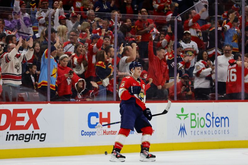 Nov 7, 2024; Sunrise, Florida, USA; Florida Panthers left wing Matthew Tkachuk (19) celebrates after scoring against the Nashville Predators during the first period at Amerant Bank Arena. Mandatory Credit: Sam Navarro-Imagn Images