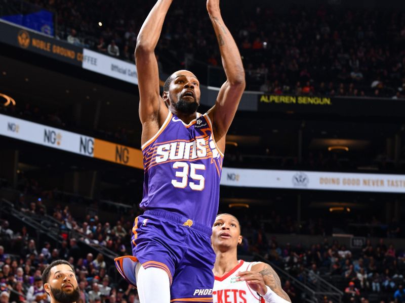 PHOENIX, AZ - MARCH 2: Kevin Durant #35 of the Phoenix Suns dunks the ball during the game against the Houston Rockets on March 2, 2024 at Footprint Center in Phoenix, Arizona. NOTE TO USER: User expressly acknowledges and agrees that, by downloading and or using this photograph, user is consenting to the terms and conditions of the Getty Images License Agreement. Mandatory Copyright Notice: Copyright 2024 NBAE (Photo by Barry Gossage/NBAE via Getty Images)