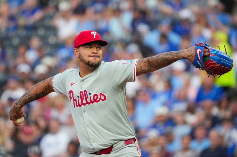 Aug 23, 2024; Kansas City, Missouri, USA; Philadelphia Phillies starting pitcher Taijuan Walker (99) delivers a pitch against the Kansas City Royals in the first inning at Kauffman Stadium. Mandatory Credit: Denny Medley-USA TODAY Sports