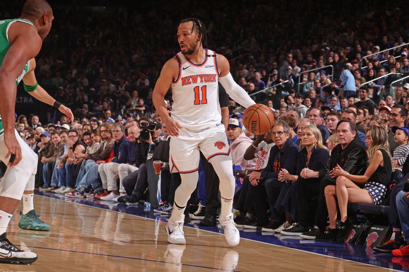 NEW YORK, NY - May 10:    Jalen Brunson #11 of the New York Knicks dribbles the ball during the game against the Boston Celtics  during Round 2 Game 3 of the 2025 NBA Playoffs  on May 10, 2025 at Madison Square Garden in New York City, New York.  NOTE TO USER: User expressly acknowledges and agrees that, by downloading and or using this photograph, User is consenting to the terms and conditions of the Getty Images License Agreement. Mandatory Copyright Notice: Copyright 2025 NBAE  (Photo by Nathaniel S. Butler/NBAE via Getty Images)
