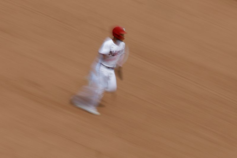 May 22, 2024; Washington, District of Columbia, USA; Washington Nationals second base Luis García Jr. (2) advances to third base on a double by Nationals second base Ildemaro Vargas (not pictured) against the Minnesota Twins during the seventh inning at Nationals Park. Mandatory Credit: Geoff Burke-USA TODAY Sports