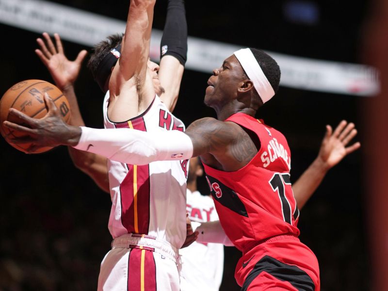 TORONTO, CANADA - JANUARY 17: Dennis Schroder #17 of the Toronto Raptors drives to the basket during the game against the Miami Heat on January 17, 2024 at the Scotiabank Arena in Toronto, Ontario, Canada.  NOTE TO USER: User expressly acknowledges and agrees that, by downloading and or using this Photograph, user is consenting to the terms and conditions of the Getty Images License Agreement.  Mandatory Copyright Notice: Copyright 2024 NBAE (Photo by Mark Blinch/NBAE via Getty Images)