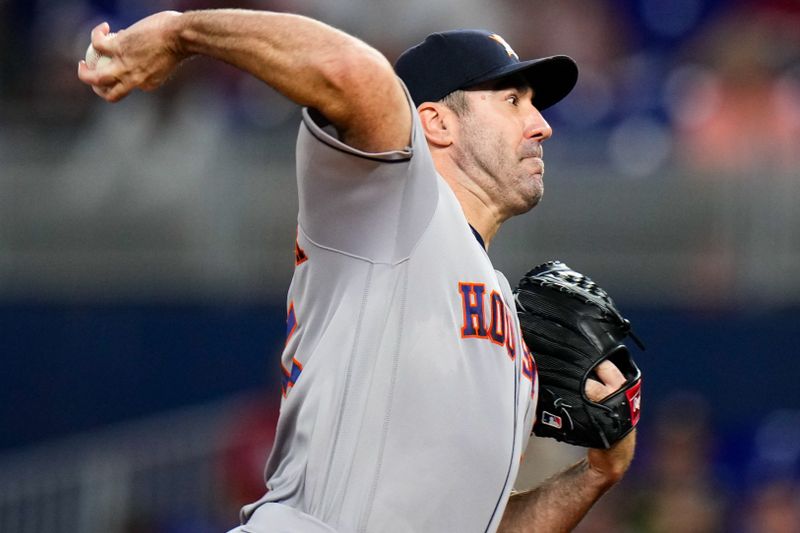 Aug 16, 2023; Miami, Florida, USA; Houston Astros starting pitcher Justin Verlander (35) throws a pitch against the Miami Marlins during the first inning at loanDepot Park. Mandatory Credit: Rich Storry-USA TODAY Sports