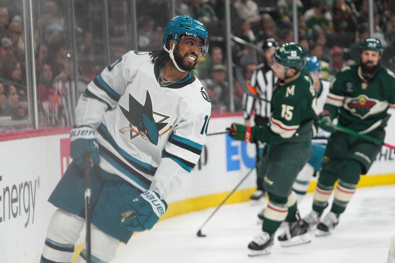 Mar 3, 2024; Saint Paul, Minnesota, USA; San Jose Sharks left wing Anthony Duclair (10) during a stop in the action against the Minnesota Wild in the first period at Xcel Energy Center. Mandatory Credit: Matt Blewett-USA TODAY Sports