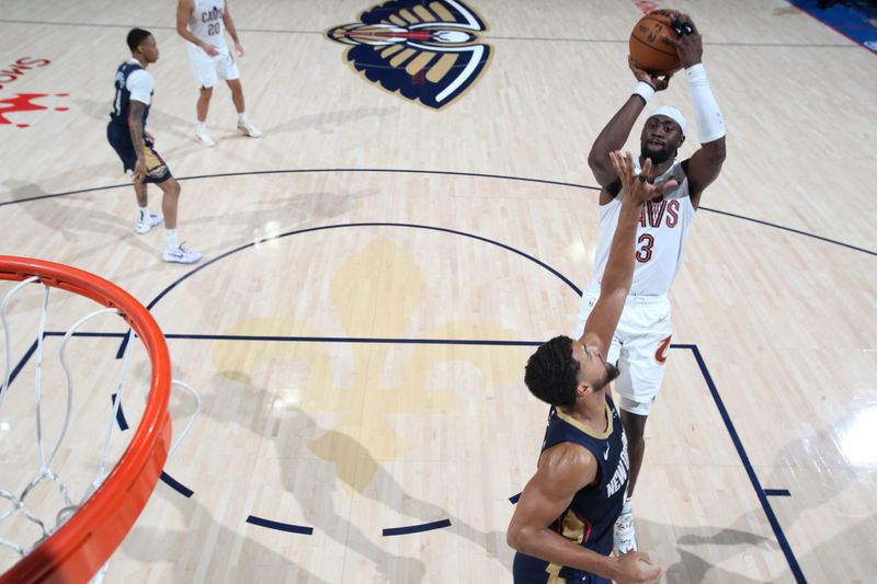 NEW ORLEANS, LA - NOVEMBER 6: Caris LeVert #3 of the Cleveland Cavaliers shoots the ball during the game against the New Orleans Pelicans on November 6, 2024 at the Smoothie King Center in New Orleans, Louisiana. NOTE TO USER: User expressly acknowledges and agrees that, by downloading and or using this Photograph, user is consenting to the terms and conditions of the Getty Images License Agreement. Mandatory Copyright Notice: Copyright 2024 NBAE (Photo by Layne Murdoch Jr./NBAE via Getty Images)