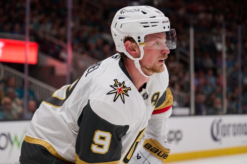 Oct 9, 2025; San Jose, California, USA; Vegas Golden Knights center Jack Eichel (9) looks on against the San Jose Sharks during the first period at SAP Center at San Jose. Mandatory Credit: Robert Edwards-Imagn Images