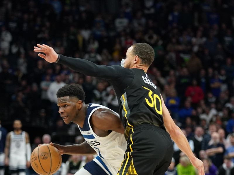 MINNEAPOLIS, MN -  FEBRUARY 1: Anthony Edwards #1 of the Minnesota Timberwolves drives to the basket during the game against the Golden State Warriors on February 1, 2023 at Target Center in Minneapolis, Minnesota. NOTE TO USER: User expressly acknowledges and agrees that, by downloading and or using this Photograph, user is consenting to the terms and conditions of the Getty Images License Agreement. Mandatory Copyright Notice: Copyright 2023 NBAE (Photo by Jordan Johnson/NBAE via Getty Images)