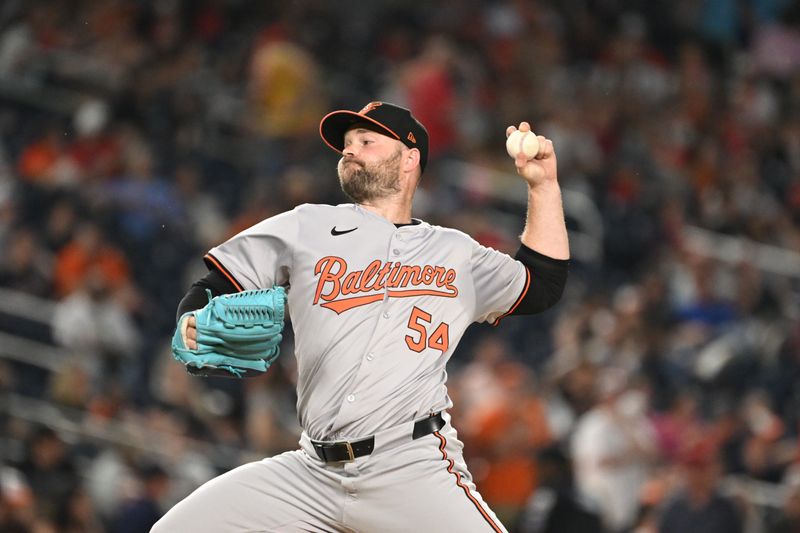 May 8, 2024; Washington, District of Columbia, USA; Baltimore Orioles pitcher Danny Coulombe (54) throws a pitch against the Washington Nationals during the sixth inning at Nationals Park. Mandatory Credit: Rafael Suanes-USA TODAY Sports