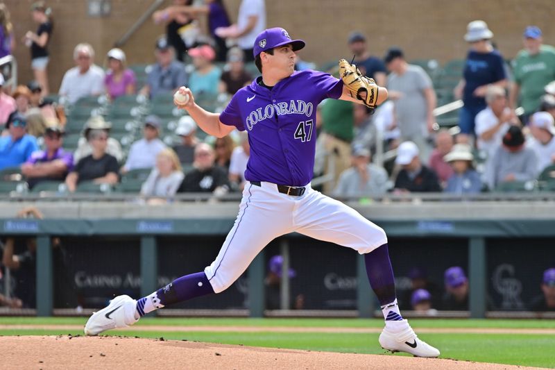 Mar 12, 2024; Salt River Pima-Maricopa, Arizona, USA;  Colorado Rockies starting pitcher Cal Quantrill (47) throws in the first inning against the Kansas City Royals during a spring training game at Salt River Fields at Talking Stick. Mandatory Credit: Matt Kartozian-USA TODAY Sports