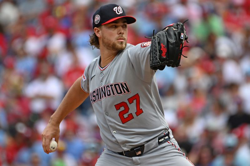 Aug 24, 2025; Philadelphia, Pennsylvania, USA; Washington Nationals pitcher Jake Irvin (27) throws a pitch during the first inning against the Philadelphia Phillies at Citizens Bank Park. Mandatory Credit: Eric Hartline-Imagn Images