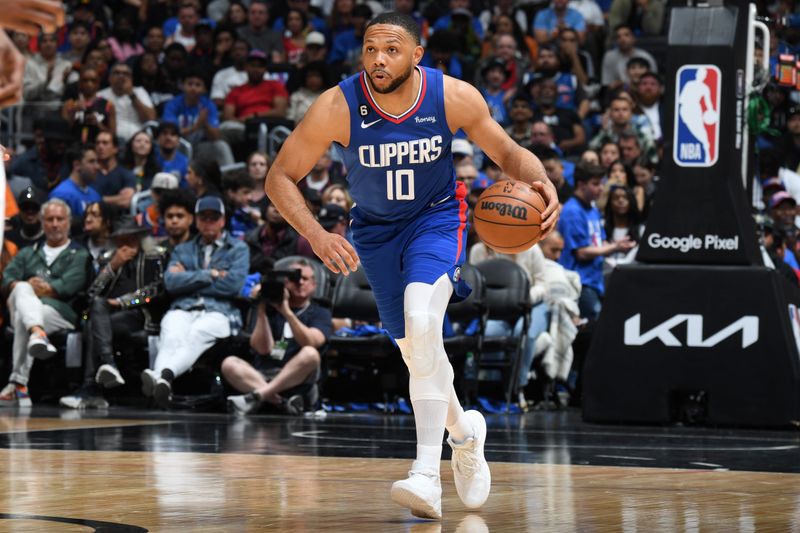 LOS ANGELES, CA - APRIL 20: Eric Gordon #10 of the LA Clippers dribbles the ball during the game against the Phoenix Suns during Round 1 Game 3 of the 2023 NBA Playoffs on April 20, 2023 at Crypto.Com Arena in Los Angeles, California. NOTE TO USER: User expressly acknowledges and agrees that, by downloading and/or using this Photograph, user is consenting to the terms and conditions of the Getty Images License Agreement. Mandatory Copyright Notice: Copyright 2023 NBAE (Photo by Andrew D. Bernstein/NBAE via Getty Images)