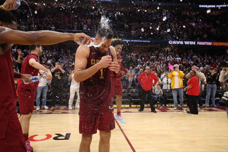 CLEVELAND, OH - FEBRUARY 27: Max Strus #1 of the Cleveland Cavaliers celebrates after the game against the Dallas Mavericks on February 27, 2024 at Rocket Mortgage FieldHouse in Cleveland, Ohio. NOTE TO USER: User expressly acknowledges and agrees that, by downloading and/or using this Photograph, user is consenting to the terms and conditions of the Getty Images License Agreement. Mandatory Copyright Notice: Copyright 2024 NBAE (Photo by  Lauren Leigh Bacho/NBAE via Getty Images)