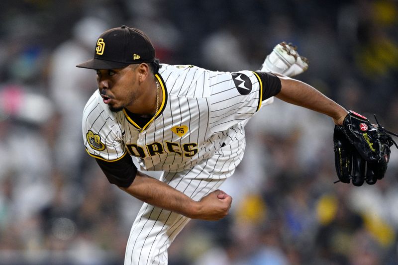 Jun 20, 2024; San Diego, California, USA; San Diego Padres relief pitcher Jeremiah Estrada (56) pitches against the Milwaukee Brewers during the ninth inning at Petco Park. Mandatory Credit: Orlando Ramirez-USA TODAY Sports