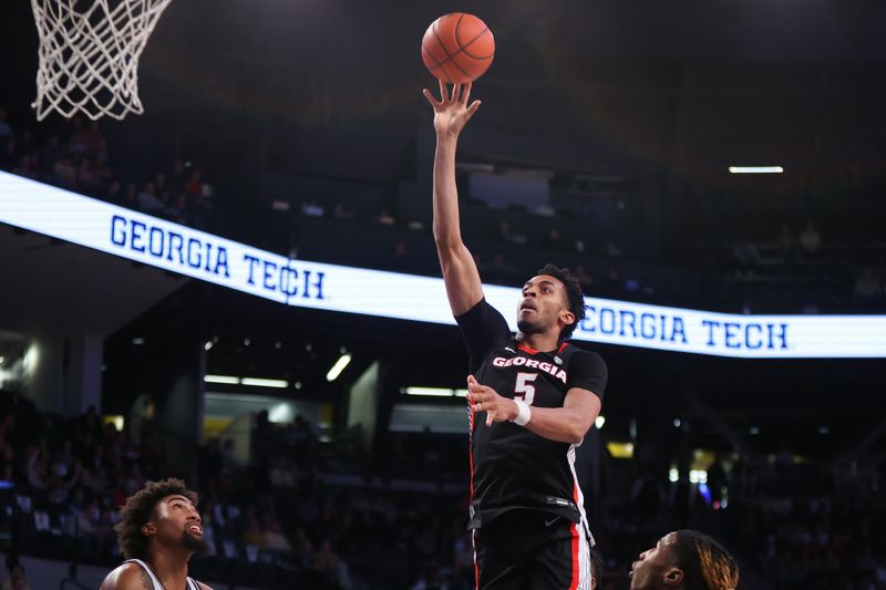 Dec 6, 2022; Atlanta, Georgia, USA; Georgia Bulldogs center Frank Anselem (5) shoots against the Georgia Tech Yellow Jackets in the first half at McCamish Pavilion. Mandatory Credit: Brett Davis-USA TODAY Sports