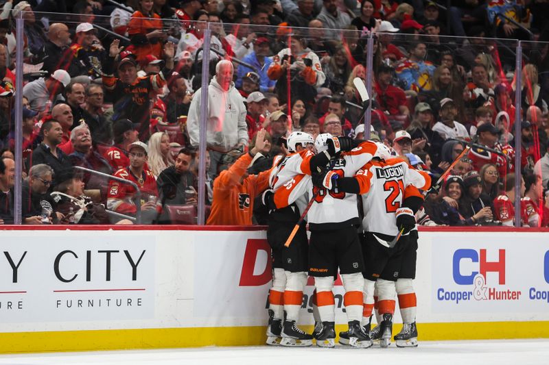 Feb 6, 2024; Sunrise, Florida, USA; Philadelphia Flyers celebrates after a goal by right wing Travis Konecny (11) against the Florida Panthers during the second period at Amerant Bank Arena. Mandatory Credit: Sam Navarro-USA TODAY Sports