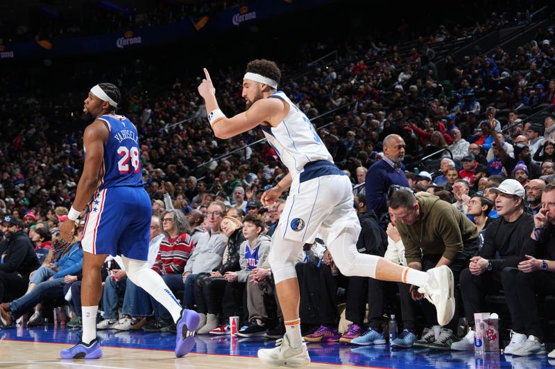 PHILADELPHIA, PA - FEBRUARY 4: Klay Thompson #31 of the Dallas Mavericks celebrates during the game against the Philadelphia 76ers on February 4, 2025 at the Wells Fargo Center in Philadelphia, Pennsylvania NOTE TO USER: User expressly acknowledges and agrees that, by downloading and/or using this Photograph, user is consenting to the terms and conditions of the Getty Images License Agreement. Mandatory Copyright Notice: Copyright 2025 NBAE (Photo by Jesse D. Garrabrant/NBAE via Getty Images)