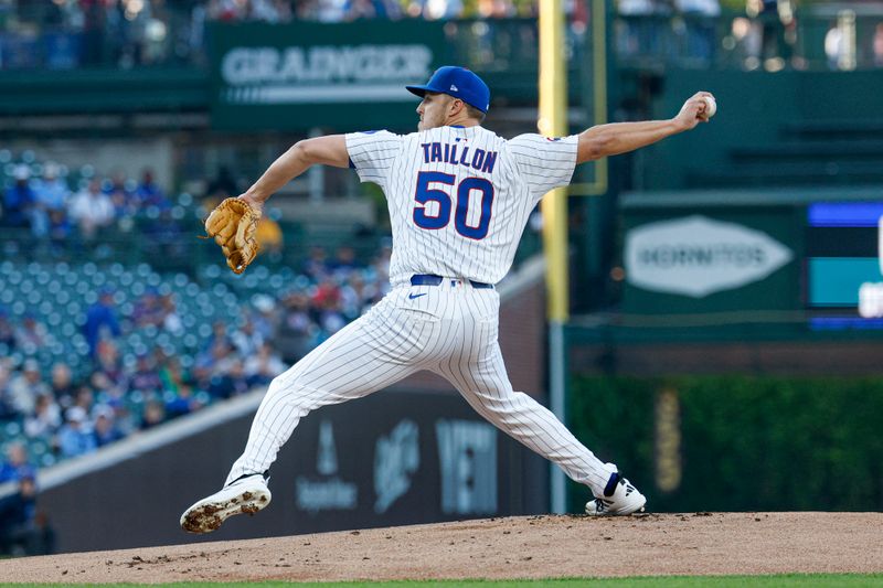 May 14, 2025; Chicago, Illinois, USA; Chicago Cubs starting pitcher Jameson Taillon (50) delivers a pitch against the Miami Marlins during the first inning at Wrigley Field. Mandatory Credit: Kamil Krzaczynski-Imagn Images