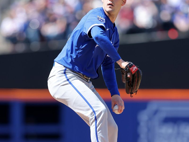 Apr 14, 2024; New York City, New York, USA; Kansas City Royals starting pitcher Cole Ragans (55) pitches against the New York Mets during the first inning at Citi Field. Mandatory Credit: Brad Penner-USA TODAY Sports
