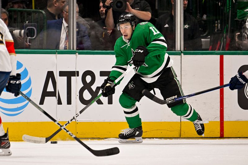 Mar 12, 2024; Dallas, Texas, USA; Dallas Stars center Logan Stankoven (11) skates against the Florida Panthers during the first period at the American Airlines Center. Mandatory Credit: Jerome Miron-USA TODAY Sports