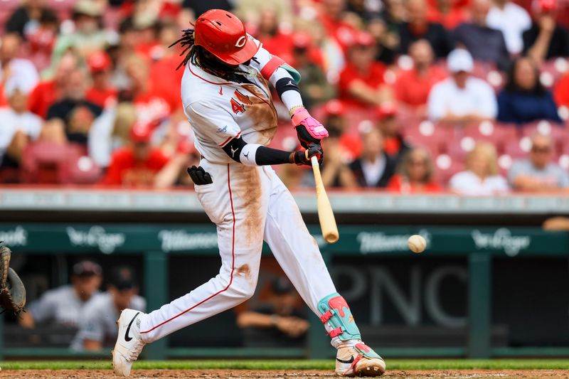 May 9, 2024; Cincinnati, Ohio, USA; Cincinnati Reds shortstop Elly De La Cruz (44) hits a RBI single against the Arizona Diamondbacks in the seventh inning at Great American Ball Park. Mandatory Credit: Katie Stratman-USA TODAY Sports