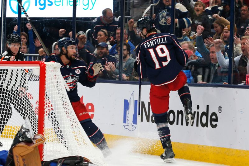 Oct 17, 2024; Columbus, Ohio, USA; Columbus Blue Jackets center Adam Fantilli (19) celebrates his goal against the Buffalo Sabres during the second period at Nationwide Arena. Mandatory Credit: Russell LaBounty-Imagn Images