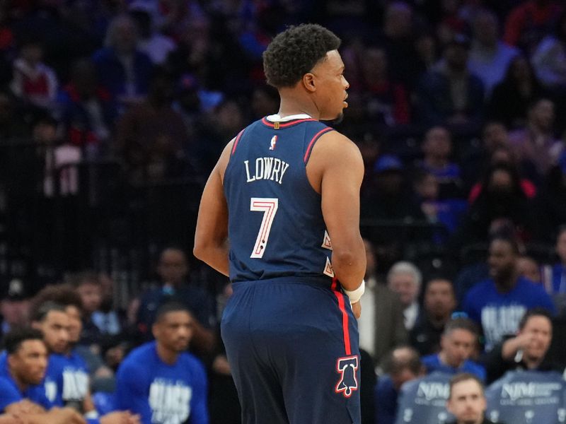 PHILADELPHIA, PA - FEBRUARY 22: Kyle Lowry #7 of the Philadelphia 76ers looks on during the game against the New York Knicks on February 22, 2024 at the Wells Fargo Center in Philadelphia, Pennsylvania NOTE TO USER: User expressly acknowledges and agrees that, by downloading and/or using this Photograph, user is consenting to the terms and conditions of the Getty Images License Agreement. Mandatory Copyright Notice: Copyright 2024 NBAE (Photo by Jesse D. Garrabrant/NBAE via Getty Images)