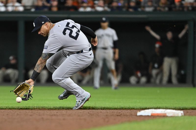 May 1, 2024; Baltimore, Maryland, USA;  New York Yankees second baseman Gleyber Torres (25) attempts to flied Baltimore Orioles outfielder Colton Cowser (17) ninth inning ground ball at Oriole Park at Camden Yards. Mandatory Credit: Tommy Gilligan-USA TODAY Sports